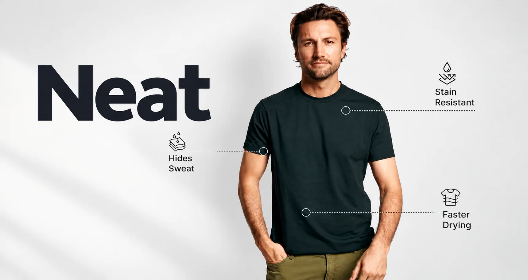 Neat performance shirt highlighting sweat concealment, stain resistance and faster drying