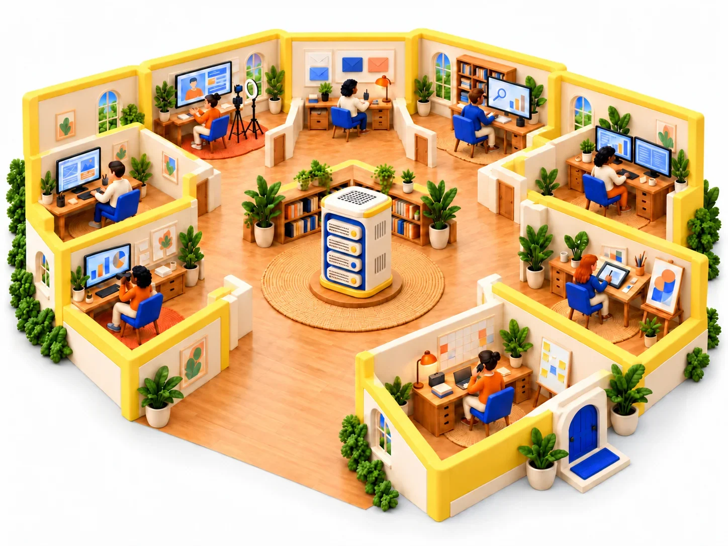 Eight departments around a shared knowledge base